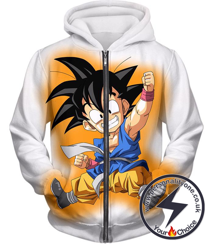 Dragon Ball Super Cute Kid Goku Awesome Dragon Ball Promo White Zip Up Hoodie